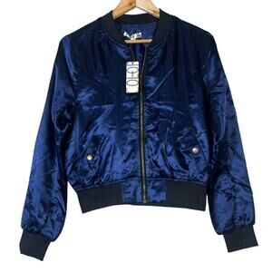 NWT Color Story Bomber Jacket Womens XL Navy Satin Zip Up Ribbed Y2K Streetwear